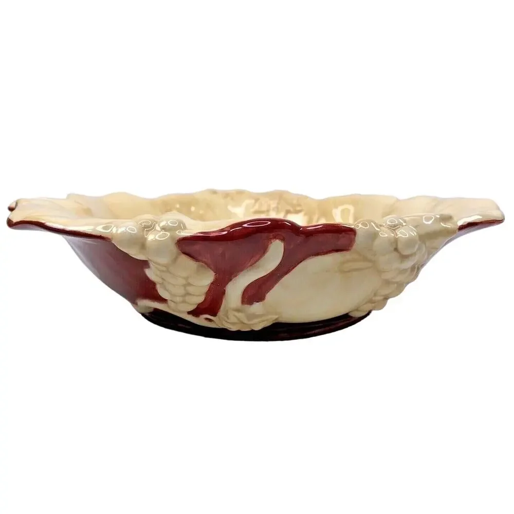 Hallmark Embossed‎ Grape Leaf and Fruit Ceramic Bowl Wine and Ivory 8 1/2